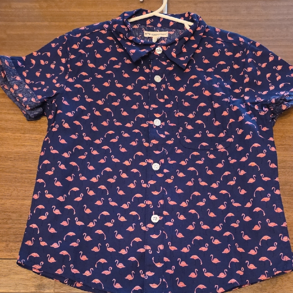 Flamingo Print Button Down Shirt - Navy and Pink